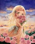  1girl aqua_bow aqua_ribbon blonde_hair blue_sky bow braid cloud covered_mouth dress dress_bow english_commentary evening field flower flower_field gradient_sky green_eyes hair_ribbon holding holding_flower leaf long_hair looking_to_the_side mixed-language_commentary object_hug orange_sky original outdoors painting_(medium) pink_flower pink_rose plant ribbon rose sakano_machi signature sky solo tearing_up tears traditional_media turning_head twilight watercolor_(medium) wavy_hair white_dress wind 