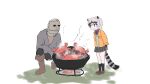  1boy 1girl absurdres animal_ears bangs black_hair blackguard_big_boggart boiling boots bow bowtie cooking crab crab-eating_raccoon_(kemono_friends) crossover cut_(kfcut) drooling elden_ring fire full_body grey_hair helm helmet highres hungry kemono_friends looking_at_another multicolored_hair pants raccoon_ears raccoon_girl raccoon_tail shirt shoes short_hair sketch skirt smile socks squatting standing tail water white_hair 