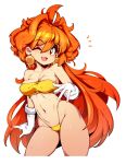  1girl ;d absurdres bikini blush breasts cleavage collarbone commentary earrings english_commentary gloves hair_between_eyes highres jewelry lina_inverse long_hair looking_at_viewer medium_breasts one_eye_closed orange_hair red_eyes shiny shiny_hair simple_background slayers slugbox smile solo sweat swimsuit thighs white_background white_gloves yellow_bikini 