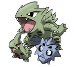  animal_focus black_eyes blacknirrow bright_pupils chibi claws commentary dragon english_commentary evolutionary_line fang fangs full_body larvitar no_humans open_mouth pokemon pokemon_(creature) pupitar red_eyes simple_background standing tyranitar white_background white_pupils 