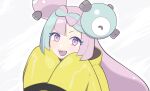  1girl :d bangs character_hair_ornament commentary_request green_hair hair_ornament hands_up happy highres iono_(pokemon) jacket long_hair looking_at_viewer open_mouth pokemon pokemon_(game) pokemon_sv purple_eyes purple_hair smile solo teeth tongue upper_body upper_teeth yahishi11 yellow_jacket 