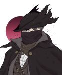  1boy belt bicorne black_cape black_headwear bloodborne brown_eyes brown_jacket cape chest_belt grey_hair hat highres hunter_(bloodborne) jacket male_focus sanpaku shirt solo upper_body white_shirt yanobrk 