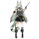  1girl animal_ear_fluff animal_ears arknights bangs black_footwear black_skirt boots cardigan cat_ears cat_tail full_body green_eyes green_hair grey_cardigan grey_socks hand_up harmonie_(arknights) highres holding holding_wand infection_monitor_(arknights) jacket jacket_on_shoulders keychain kneehighs long_hair long_sleeves looking_at_viewer miniskirt official_art pleated_skirt skirt smile socks solo standing starshadowmagician tail transparent_background very_long_hair wand white_jacket 