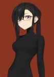  1girl absurdres black_hair black_sweater breasts closed_mouth glasses highres jaeyeong long_hair looking_at_viewer medium_breasts original purple_eyes red-framed_eyewear red_background simple_background skin_tight solo sweater turtleneck turtleneck_sweater twintails upper_body 
