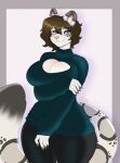  anthro arm_under_breasts blue_eyes bottomwear brown_hair cleavage_cutout clothed clothing felid female fluffy fluffy_tail fully_clothed fur grey_body grey_fur hair hi_res hiddenwolf mammal pantherine pants simple_background smile snow_leopard solo standing sweater tight_clothing topwear turtleneck wide_hips 
