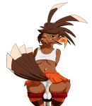  anthro avian balls_outline beak biped bird bottomwear brown_body brown_feathers bulge butt clothed clothing crossdressing detailed_bulge digital_media_(artwork) feather_hair feathers freckles genital_outline girly hi_res isthatweirdguy legwear looking_at_viewer male panties pretzel_(piemations) pseudo_hair skirt smile solo tail_feathers thigh_highs underwear 