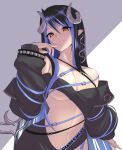  1girl 774_inc. bangs black_hair black_jacket black_skirt black_tube_top blue_hair blush breasts brown_eyes cleavage closed_mouth commentary_request cowboy_shot curled_horns demon_girl demon_horns demon_tail grey_horns hair_between_eyes hebiyoi_tier highres horns jacket koutyamaru2021 large_breasts long_hair looking_at_viewer multicolored_hair navel off_shoulder pointy_ears skirt smile snake_bite solo strapless sugar_lyric tail tube_top two-tone_hair underboob virtual_youtuber 