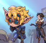  :o arcane:_league_of_legends arcane_heimerdinger bangs belt black_pants blonde_hair blue_jacket blush book brown_belt brown_coat brown_gloves brown_hair closed_eyes closed_mouth coat genderswap genderswap_(mtf) gloves goggles goggles_on_head hair_ornament hammer heimerdinger jacket jayce_(league_of_legends) league_of_legends long_sleeves open_book open_mouth pants phantom_ix_row pointy_ears short_hair standing sweatdrop yordle 