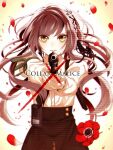  1girl brown_hair button_up_skirt camellia collar_x_malice copyright_name floating_hair flower green_eyes gun gun_pointing_at_viewer highres holding holding_gun holding_weapon hoshino_ichika long_hair long_sleeves matumanda petals serious weapon 