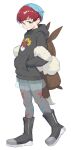  1girl backpack bag bangs blue_hair boots brown_bag closed_mouth commentary_request frown full_body glasses hand_in_pocket highres hood hoodie makino_harumaki multicolored_hair pantyhose penny_(pokemon) poke_ball_print pokemon pokemon_(game) pokemon_sv red_hair round_eyewear see-through see-through_skirt shorts shorts_under_skirt skirt solo standing two-tone_hair 