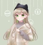  1girl absurdres animal_hat black_headwear earrings green_eyes grey_background hair_ornament hairclip hat highres jewelry light_brown_hair long_hair looking_at_viewer masumofu necklace original ribbed_sweater stole sweater upper_body 