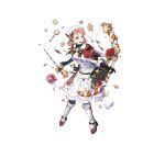  1girl aiming annette_fantine_dominic aqua_eyes arrow_(projectile) bandana blue_eyes boots bow_(weapon) breasts candy candy_cane cape cleavage clothes dress fire_emblem fire_emblem:_three_houses fire_emblem_heroes fire_emblem_warriors:_three_hopes food gift gingerbread_man gloves hair_rings holding holding_arrow holding_candy holding_candy_cane holding_food official_alternate_costume official_alternate_hairstyle official_art orange_hair red_cape small_breasts solo teeth torn upper_teeth weapon white_dress 
