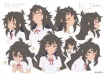  1girl :3 artist_request black_eyes black_hair check_artist clenched_hand closed_eyes collared_shirt copyright cropped_torso do_it_yourself!! expressions flat_color kouki_kokoro leaning_forward looking_at_viewer looking_to_the_side matsuo_yuusuke messy_hair multiple_views neck_ribbon official_art parted_lips profile red_ribbon reference_sheet ribbon shirt short_sleeves sparkle split_mouth white_background white_shirt 