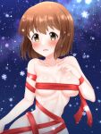  1girl absurdres bangs bare_shoulders blush bob_cut breasts brown_eyes brown_hair commentary covered_nipples hagiwara_yukiho highres idolmaster idolmaster_million_live! looking_at_viewer medium_breasts naked_ribbon navel night night_sky nora_ichigo open_mouth outdoors red_ribbon ribbon short_hair skindentation sky smile snowflakes snowing solo standing star_(sky) starry_sky upper_body 