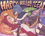  2girls animal_ears bat_wings blonde_hair blue_hair blush capelet cat_ears cosplay dress furutani_himawari hair_ornament hairband happy_halloween hat highres hood little_red_riding_hood_(grimm) little_red_riding_hood_(grimm)_(cosplay) multiple_girls oomuro_sakurako open_mouth pumpkin red_dress red_headwear short_hair takahero wings witch_hat yuri yuru_yuri 