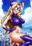  1girl arm_up bangs blonde_hair boku_no_hero_academia breasts city commentary_request from_behind hand_on_hip highleg highleg_leotard highres horns large_breasts leg_up leotard long_hair looking_at_viewer mask mount_lady open_mouth purple_eyes ribs smile teeth tenzen_(netspike) thighhighs tongue turtleneck turtleneck_leotard very_long_hair 