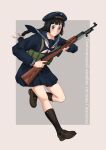  1girl absurdres ammunition_pouch bangs bayonet beret black_hair black_socks blue_eyes blue_headwear blue_sailor_collar blue_serafuku blue_skirt braid brown_footwear closed_mouth collarbone english_commentary grey_background gun hair_ribbon hat hat_ornament highres holding holding_gun holding_weapon leg_up load_bearing_equipment loafers long_hair long_sleeves looking_at_viewer mardjan neckerchief original pleated_skirt pouch ribbon russian_text sailor sailor_collar sailor_collar_lift school_uniform serafuku shoes skirt sks sleeve_cuffs smile socks solo translated trigger_discipline two-tone_background weapon white_neckerchief white_ribbon 