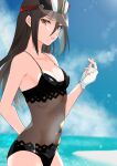  1girl 2022 artist_name bangs beach black_one-piece_swimsuit blue_sky breasts brown_eyes brown_hair cleavage closed_mouth cloud cloudy_sky dated finger_heart fingerless_gloves gloves highres long_hair looking_at_viewer morag_ladair_(obligatory_leave)_(xenoblade) morag_ladair_(xenoblade) nayuta-kanata one-piece_swimsuit outdoors see-through_swimsuit signature sky small_breasts solo swimsuit visor_cap water white_gloves xenoblade_chronicles_(series) xenoblade_chronicles_2 
