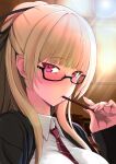  1girl azur_lane black-framed_eyewear black_jacket black_ribbon blonde_hair blush breasts collared_shirt food hair_ribbon highres jacket large_breasts mole mole_under_mouth necktie p.i.t.d pink_eyes pink_nails pocky red_necktie ribbon school_uniform semi-rimless_eyewear shirt swiftsure_(azur_lane) white_shirt 