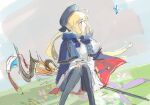  ahoge artoria_caster_(fate) artoria_caster_(second_ascension)_(fate) artoria_pendragon_(fate) bangs black_bow black_pantyhose blonde_hair blue_cloak bow buttons clear_sky cloak fate fate/grand_order fate_(series) flower gold_trim green_eyes hair_between_eyes hair_bow holding holding_staff on_grass pantyhose pink_flower pink_ribbon purple_bow red_ribbon ribbon shirt sitting skirt sky solo staff sword twintails ubwmitekure weapon white_shirt white_skirt yellow_flower 