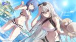 2girls absurdres azur_lane bangs bare_shoulders beach bikini blue_hair blue_sky blush breasts character_request cleavage clenched_hands closed_mouth cloud collarbone commentary_request cowboy_shot day eyewear_on_head gascogne_(azur_lane) gascogne_(tropical_environs_acclimation_service_equipment)_(azur_lane) hair_between_eyes hair_ornament hand_on_own_forehead hat highres holding holding_clothes holding_hat large_breasts long_bangs long_hair looking_at_viewer mole mole_on_breast multiple_girls navel open_mouth outdoors red_eyes short_hair sky smile standing stomach sun sun_hat sunglasses sunlight sweat swept_bangs swimsuit tree very_long_hair wading water wattaro white_bikini yostar 