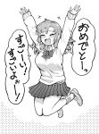  1girl arms_up bow bowtie breasts closed_eyes commentary_request full_body greyscale hashimoto_kurara large_breasts midair miniskirt monochrome open_mouth original pleated_skirt skirt sleeves_past_wrists smile socks solo sweater tears translation_request 