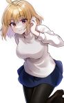  1girl adjusting_hair ahoge arcueid_brunestud arm_behind_back bangs blonde_hair blue_skirt boots breasts commentary cowboy_shot hamaji_aki large_breasts leg_up long_sleeves looking_at_viewer pantyhose red_eyes shirt short_hair simple_background skirt smile solo sweater symbol-only_commentary tsukihime turtleneck white_background white_sweater 