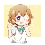  1girl bangs blush chibi cosplay crown g_teall highres konoe_kanata looking_at_viewer love_live! love_live!_nijigasaki_high_school_idol_club nakasu_kasumi nakasu_kasumi_(cosplay) nijigasaki_academy_school_uniform one_eye_closed orange_hair purple_eyes school_uniform short_hair solo star_(symbol) tongue tongue_out upper_body yellow_background 