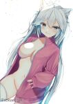  1girl animal_ear_fluff animal_ears antenna_hair areola_slip aties20 bangs blue_eyes breasts closed_mouth collarbone commentary_request fang fang_out fox_ears grey_hair groin hair_between_eyes jacket large_breasts licking_lips long_sleeves looking_at_viewer navel open_clothes open_jacket pink_jacket puffy_long_sleeves puffy_sleeves simple_background solo thighhighs tongue tongue_out vei_(vtuber) virtual_youtuber vshojo white_background white_thighhighs 