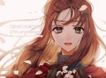  anniversary brown_hair cherry_blossoms earrings english_text gensou_suikoden gensou_suikoden_i gloves headband jewelry long_hair odessa_silverberg sakai_(motomei) single_earring smile 