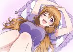  1girl absurdres arms_up bangs birthday blush breasts commentary highres konoe_kanata large_breasts long_hair looking_at_viewer love_live! love_live!_nijigasaki_high_school_idol_club low_twintails lying on_back one_eye_closed orange_hair pillow purple_eyes purple_shirt shirt short_sleeves smile solo twintails zero-theme 