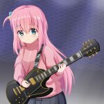  1girl bangs black_skirt blue_eyes bocchi_the_rock! closed_mouth commentary_request cube_hair_ornament electric_guitar gotou_hitori guitar hair_between_eyes hair_ornament highres holding holding_instrument instrument jacket koyuki_(azumaya999) long_hair long_sleeves looking_at_viewer one_side_up pink_hair pink_jacket pleated_skirt puffy_long_sleeves puffy_sleeves skirt sleeves_past_wrists solo very_long_hair 
