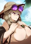  1boy 1girl absurdres arknights bikini_lift breasts breasts_out brown_hair censored clothes_lift hair_between_eyes hair_ornament hairclip hat hetero highres jewelry large_breasts long_hair mosaic_censoring necklace nipples outdoors paid_reward_available paizuri pink_seito purple-tinted_eyewear purple_eyes solo_focus straw_hat sun_hat tinted_eyewear utage_(arknights) 