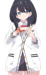  1girl black_hair black_skirt blue_eyes bow bowtie bright_pupils cardigan gridman_universe ixy long_sleeves looking_at_viewer medium_hair orange_scrunchie red_bow red_bowtie school_uniform scrunchie simple_background skirt ssss.gridman takarada_rikka thighs white_background white_cardigan white_pupils wrist_scrunchie 