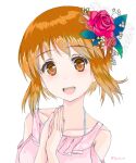  1girl bangs brown_eyes brown_hair casual clothing_cutout commentary flower frilled_shirt frills girls_und_panzer hair_flower hair_ornament halterneck looking_at_viewer nishizumi_miho open_mouth own_hands_together pink_shirt portrait red_flower red_rose rose shirt short_hair shoulder_cutout simple_background smile solo twitter_username white_background yurikuta_tsukumi 