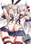  2girls :3 amatsukaze_(kancolle) anchor_hair_ornament armpits black_hairband blonde_hair blue_sailor_collar blue_skirt blush breasts brown_hair closed_mouth cosplay gloves grey_eyes grey_hair hair_ornament hair_tubes hairband highres kantai_collection long_hair looking_at_viewer matching_outfit multiple_girls navel rensouhou-chan sailor_collar shimakaze_(kancolle) shimakaze_(kancolle)_(cosplay) skirt small_breasts stomach striped striped_thighhighs takanashi_kei_(hitsujikan) thighhighs thighs white_gloves yellow_eyes zettai_ryouiki 