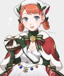  1girl annette_fantine_dominic bangs blue_eyes bow bowtie breasts cape christmas cleavage commentary dress fire_emblem fire_emblem:_three_houses fire_emblem_heroes fire_emblem_warriors:_three_hopes fur-trimmed_cape fur-trimmed_sleeves fur_trim gauntlets gift gloves green_gloves green_sleeves grey_background hair_ornament hair_rings headdress highres holding holding_gift looking_at_viewer medium_breasts official_alternate_costume official_alternate_hairstyle orange_hair peach11_01 red_cape short_hair simple_background smile solo swept_bangs white_dress 