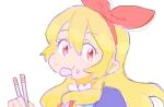  1girl :t aikatsu! aikatsu!_(series) bad_drawr_id bad_id bangs blonde_hair bow chewing chopsticks closed_mouth eating food food_in_mouth food_on_face hair_between_eyes hair_bow hairband hand_up high_collar holding holding_chopsticks hoshimiya_ichigo long_hair looking_at_viewer looking_to_the_side mokeo oekaki portrait red_bow red_eyes red_hairband simple_background sketch solo wavy_mouth white_background 