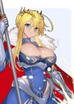  1girl absurdres artoria_pendragon_(fate) artoria_pendragon_(lancer)_(fate) blonde_hair blush braid braided_bun breasts cape cleavage covered_navel crown fate/grand_order fate_(series) french_braid fur-trimmed_cape fur_trim gloves green_eyes hair_bun highres holding holding_weapon large_breasts long_hair looking_at_viewer rhongomyniad_(fate) sidelocks simple_background skirt solo ura_illust weapon 