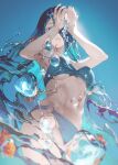  1girl armpits bare_arms bare_shoulders bikini blue_background blue_bikini blue_eyes breasts fajyobore fish from_below highres liquid_hair medium_breasts o-ring o-ring_bikini original parted_lips solo swimsuit tagme water water_drop 