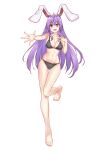  1girl :d absurdres animal_ears bangs barefoot bikini black_bikini blush breasts cleavage collarbone diving_penguin foreshortening full_body groin hand_on_own_chest highres large_breasts leg_up long_hair long_legs navel open_mouth outstretched_arm purple_eyes purple_hair rabbit_ears reaching_towards_viewer reisen_udongein_inaba simple_background smile solo standing standing_on_one_leg stomach swimsuit touhou very_long_hair white_background 