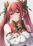  1girl bangs bare_shoulders blush commentary_request detached_sleeves fake_antlers fire_emblem fire_emblem_fates fire_emblem_heroes grey_background hair_between_eyes long_hair long_sleeves looking_at_viewer red_eyes red_hair selena_(fire_emblem_fates) simple_background solo star_(symbol) ten_(tenchan_man) twintails upper_body very_long_hair 