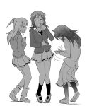  3girls :d ^^^ bangs blazer breasts cardigan closed_eyes collared_shirt commentary_request greyscale hand_to_own_mouth hand_up happy hood hood_down hoodie jacket kuroki_tomoko laughing long_hair long_skirt long_sleeves loose_socks low_twintails miniskirt monochrome motomiki multiple_girls necktie nemoto_hina open_mouth own_hands_together palms_together pantyhose pleated_skirt school_uniform shirt shoes skirt small_breasts smile socks standing tamura_yuri tears twintails two_side_up uwabaki watashi_ga_motenai_no_wa_dou_kangaetemo_omaera_ga_warui! 