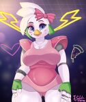  2022 accessory anthro avian beak blue_eyes bow_ribbon chica_(fnaf) clothed clothing dated eyelashes female five_nights_at_freddy&#039;s front_view glistening glistening_eyes hair_accessory hair_bow hair_ribbon hi_res isyld looking_at_viewer mouth_closed pink_clothing pink_topwear portrait ribbons scottgames signature simple_background solo standing three-quarter_portrait topwear video_games white_body yellow_beak 