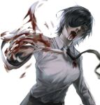  1girl amputee black_hair blood blood_from_mouth blood_on_clothes blood_splatter blue_eyes chainsaw_man collared_shirt eulbhitomi floating_necktie highres himeno_(chainsaw_man) looking_to_the_side motion_blur nosebleed open_mouth shirt shirt_tucked_in short_hair simple_background solo white_background white_shirt 