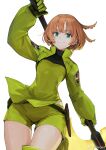  1girl absurdres bangs bob_cut breasts brown_hair closed_mouth commentary_request gloves green_eyes highres holding jacket jun_(seojh1029) konami_kirie long_sleeves looking_at_viewer medium_breasts short_hair short_shorts shorts simple_background smile solo weapon weibo_logo weibo_username world_trigger 
