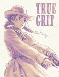  1girl animification belt braid copyright_name cowboy_hat cowboy_western floating_hair gun handgun hat holding holding_gun holding_weapon jacket looking_ahead mattie_ross monochrome parted_lips revolver sepia signature tateo_retsu true_grit twin_braids v-shaped_eyebrows weapon 