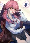  1girl :d ? aru_(blue_archive) bangs blue_archive blush breasts cellphone coat coat_on_shoulders fur_trim halo highres horns long_hair looking_at_viewer open_mouth orange_eyes pencil_skirt phone pink_hair skirt smartphone smile solo spoken_question_mark sweatdrop walzrj 