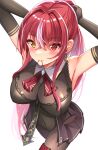  1girl armpits arms_up ascot bangs black_leotard black_pantyhose blush breasts cleavage covered_navel elbow_gloves gloves heterochromia highres hololive houshou_marine large_breasts leotard long_hair looking_at_viewer mouth_hold pantyhose ponytail red_ascot red_eyes red_hair solo virtual_youtuber white_background yellow_eyes zacky 
