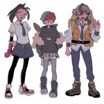  1boy 2girls :d arven_(pokemon) backpack bag belt black_hair black_pantyhose boots bright_pupils brown_bag brown_hair collared_shirt facing_viewer full_body gloves green_hair grey_pantyhose hand_up hands_in_pockets highres hood hoodie long_hair looking_at_viewer moumuriy multicolored_hair multiple_girls necktie nemona_(pokemon) open_clothes open_mouth open_vest orange_eyes orange_vest pants pantyhose penny_(pokemon) poke_ball_print pokemon pokemon_(game) pokemon_sv ponytail see-through see-through_skirt shirt shoes short_sleeves shorts shorts_under_skirt single_glove skirt smile standing streaked_hair teeth two-tone_hair upper_teeth vest white_background white_pupils 